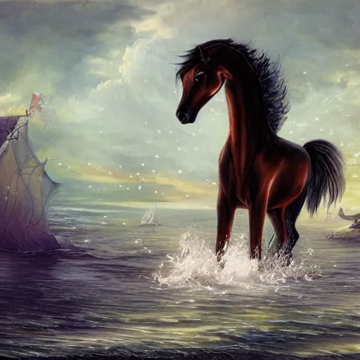 Prompt: a horse with a mermaid tail, fantasy art,