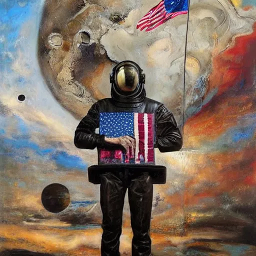 Prompt: by tim okamura improvisational salvador dali. a beautiful installation art of astronaut standing on a planet with a flag in the background.