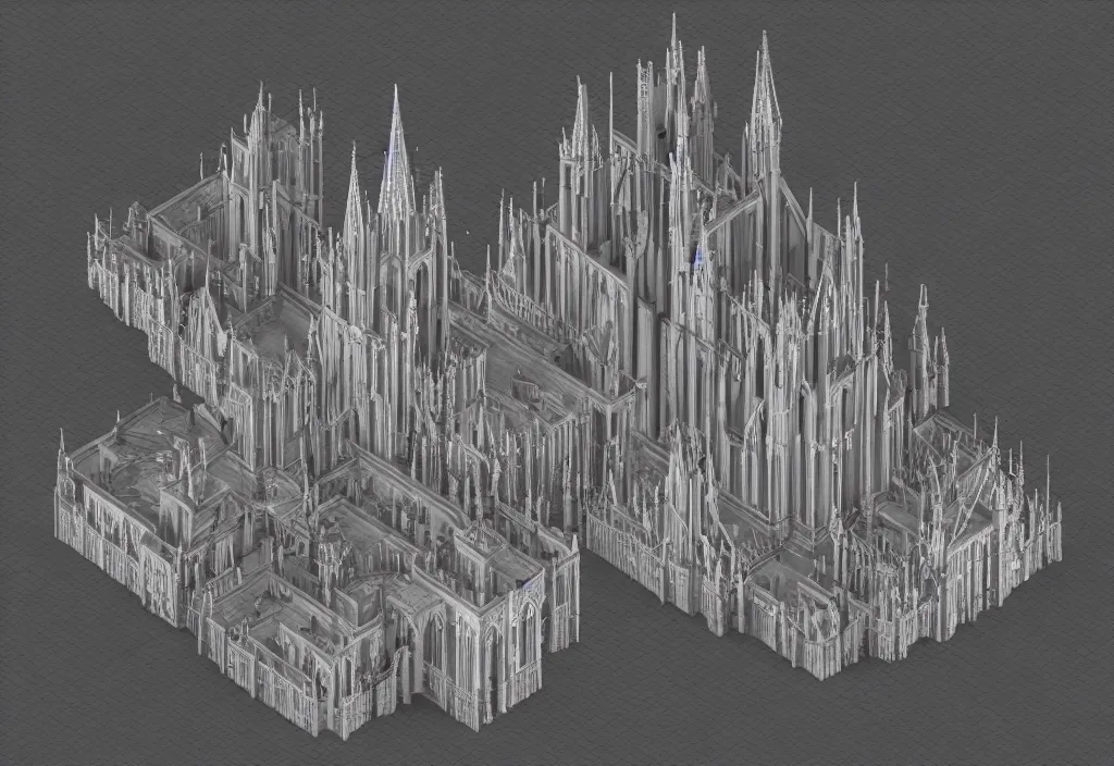 Image similar to isometric voxel cathedral, cinematic lighting, 4k