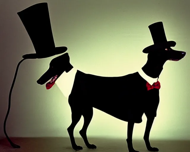 Image similar to greyhound wearing a black cloak and a top hat under a spotlight, magician dog