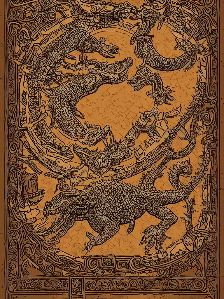 Image similar to pre - columbian mesoamerican book decorative border frame, crocodile illuminations, d & d, fantasy, intricate, elegant, highly detailed, digital painting, artstation, illustration, hearthstone