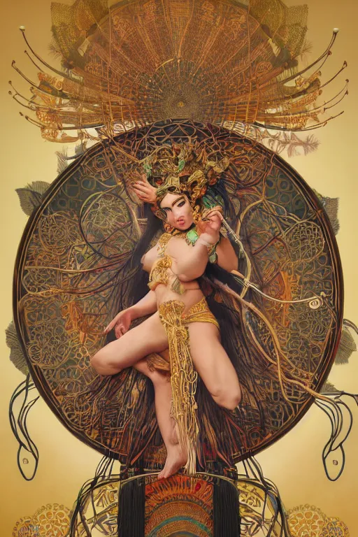 Image similar to an immaculate render of a dancing tribal goddess adorned with leaves and cables and bird wings, dancing in a temple surrounded by wild tentacles made from mandalas and incense smoke, full body, perfect face, powerful, cinematic, beautifully lit, by artgerm, by alphonse mucha, by karol bak, 3 d, trending on artstation, octane render, 8 k