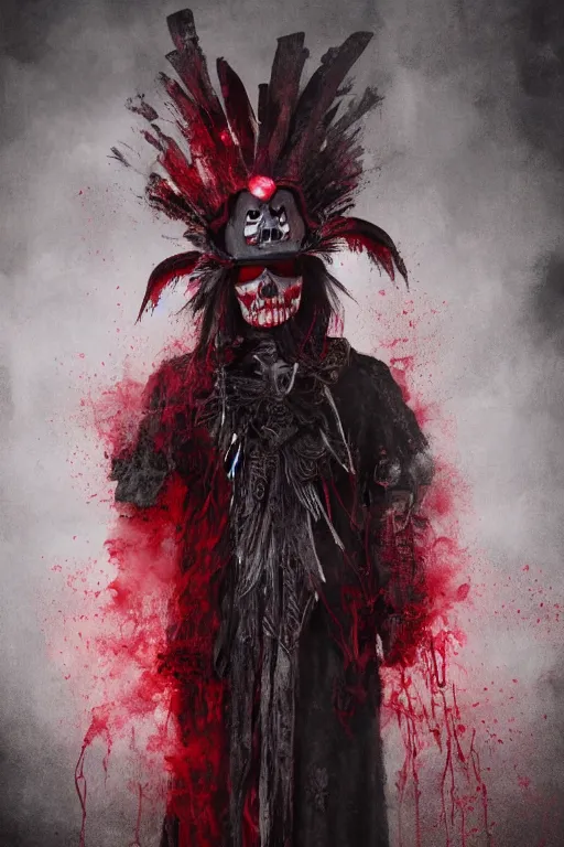 Image similar to the ghost - spirit of the grim - hatter wears the scarlet skull armor and blood headdress, midnight fog - mist!, dark oil painting colors, realism, cinematic lighting, various refining methods, micro macro autofocus, ultra definition, award winning photo
