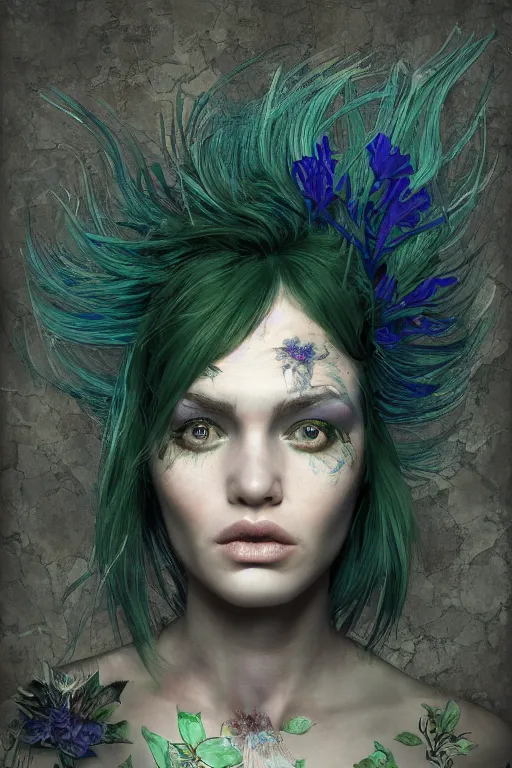 Image similar to portrait of a woman with cracked stripped skin. close up, dark blue-green hair, dark flower pattern wallpaper background, high detail, by Eddie Mendoza