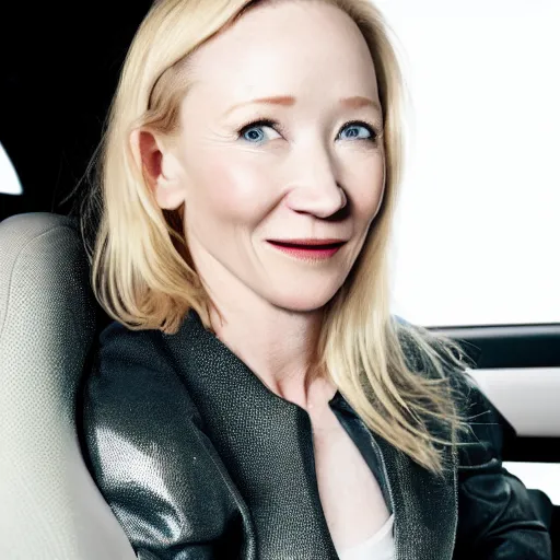 Image similar to uhd candid photo of anne heche wearing white powder all over her nose, with accurate face, in screaming, behind the wheel of a mini cooper, uhd, studio lighting, correct face, photo by annie leibovitz