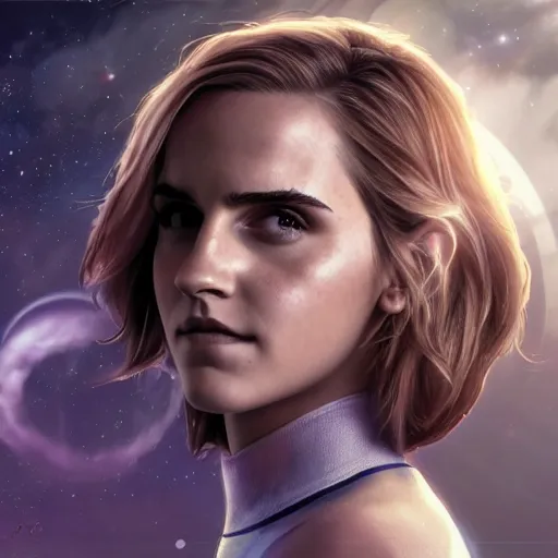 Prompt: a highly detailed matte portrait emma watson as samus aran standing in a space station and looking at jupiter, sci fi and fantasy, viewed in profile from far away, crackling black lightning, ultrawide lens, art by artgerm and greg rutkowski and alphonse mucha, volumetric lighting, octane render, 4 k resolution, trending on artstation, masterpiece