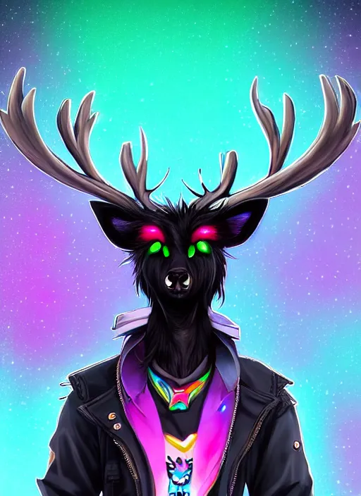 Image similar to award winning beautiful portrait commission of a male furry anthro Black Reindeer cyberpunk fursona with a tail, wings, wings, wings and a cute beautiful attractive detailed furry face wearing stylish black and rainbow galaxy clothes, outline, in a cyberpunk city at night while it rains. Character design by charlie bowater, ross tran, artgerm, and makoto shinkai, detailed, inked, western comic book art