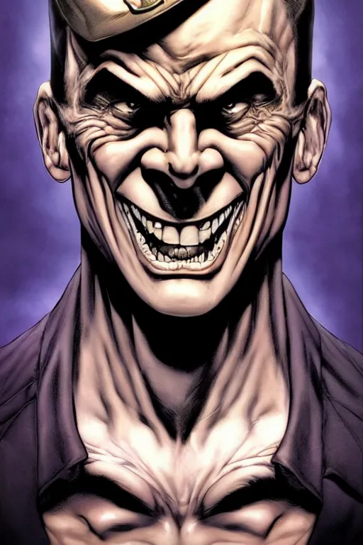 Image similar to aesthetic digital portrait of a handsome young man with a sinister grin by brian bolland, rachel birkett, alex ross, and neal adams | dark, intimidating, imposing, portrait, character concept, concept art, unreal engine, finalrender, centered, deviantart, artgerm