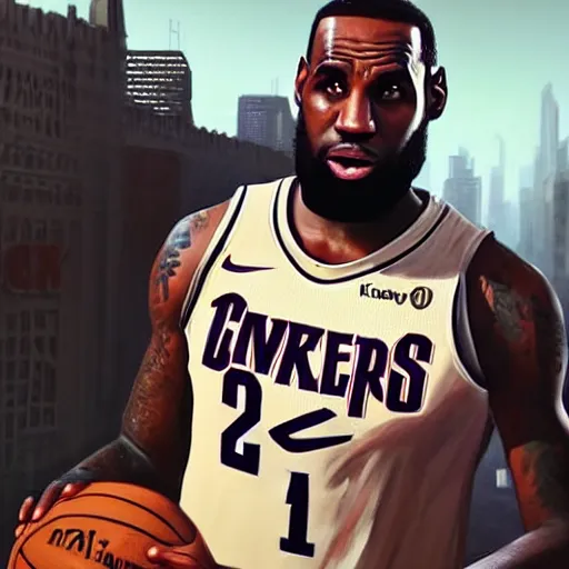 Prompt: highly detailed portrait lebron james basketball player in gta v, stephen bliss, unreal engine, fantasy art by greg rutkowski, loish, rhads, ferdinand knab, makoto shinkai and lois van baarle, ilya kuvshinov, rossdraws, tom bagshaw, global illumination, radiant light, detailed and intricate environment