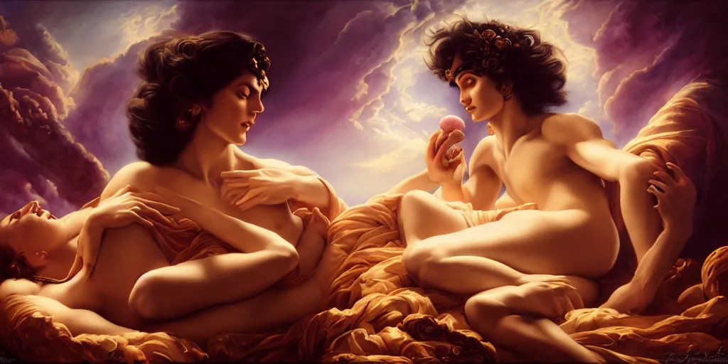 Image similar to Adonis playing the kithara for Aphrodite, by Rolf Armstrong and Evelyn De Morgan and Bastien Lecouffe-Deharme, dramatic lighting, high contrast colors, baroque, empyrean, panoramic view, as trending on Artstation, highly detailed, doom engine,