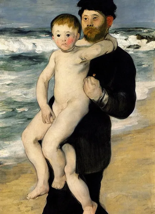 Image similar to a clothed man carrying his child over his shoulders walking near the beach, anatomically correct, painting by manet, masterpiece