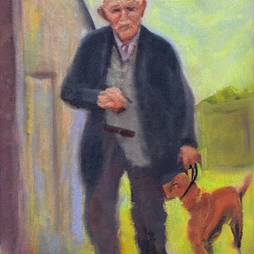 Image similar to an old man with a dog, impressionist, oil on canvas