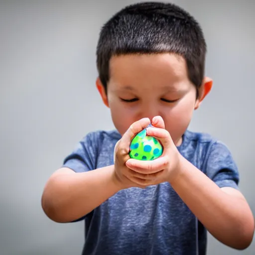 Prompt: child squeezing a rubber ball EOS-1D, f/1.4, ISO 200, 1/160s, 8K, RAW, unedited, symmetrical balance, in-frame