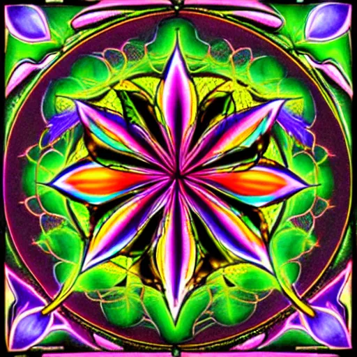 Image similar to thc flower in the style of alex grey