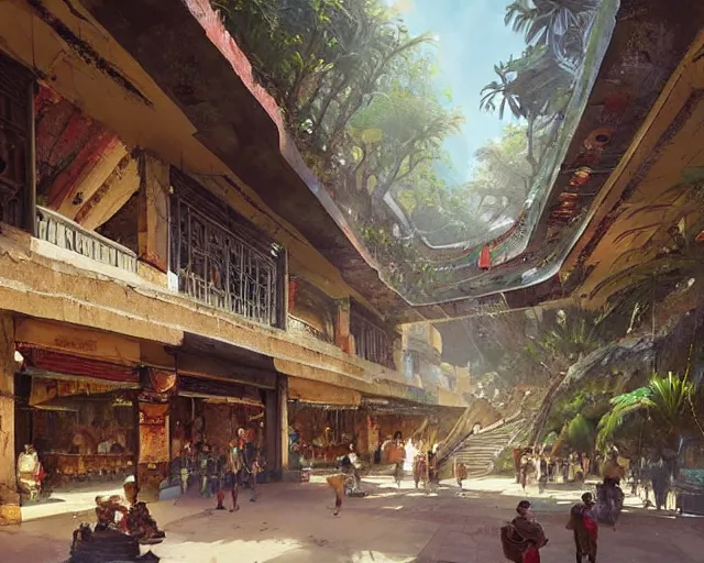 Image similar to a mall in the style of precolombian mayan cities, art by greg rutkowski and artgerma, stunning concept art, interior design architecture