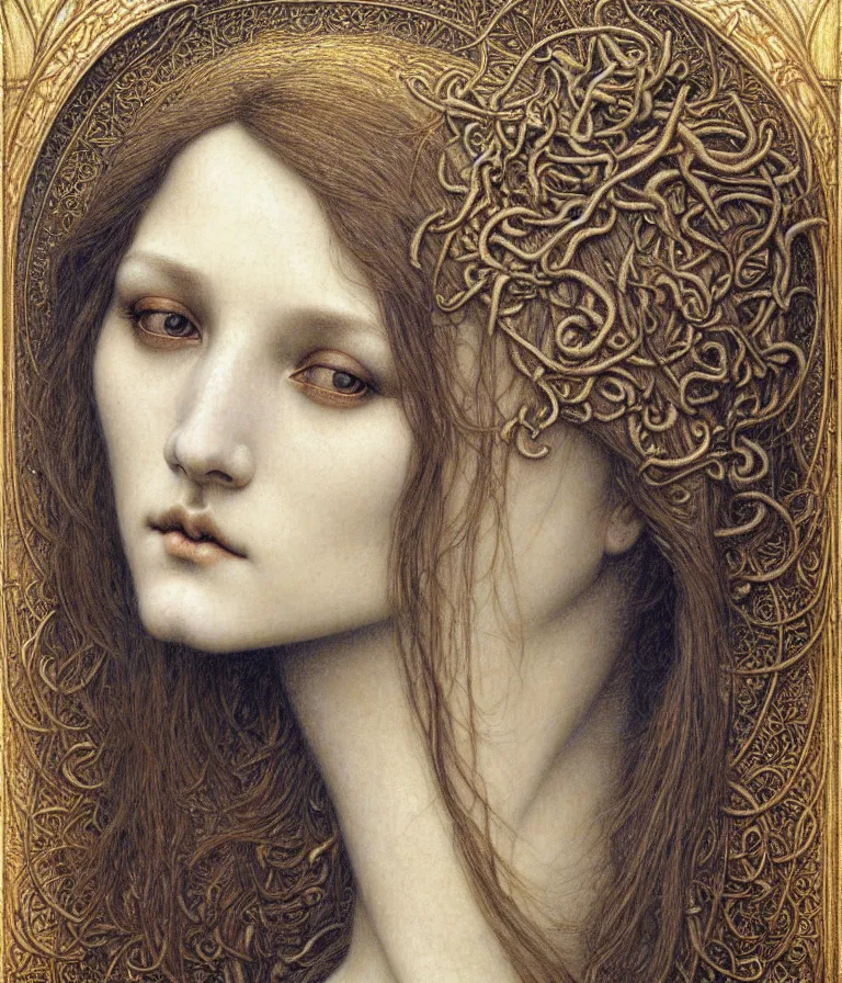 Image similar to detailed realistic beautiful young medieval queen face portrait by jean delville, gustave dore and marco mazzoni, art nouveau, symbolist, visionary, gothic, pre - raphaelite. horizontal symmetry