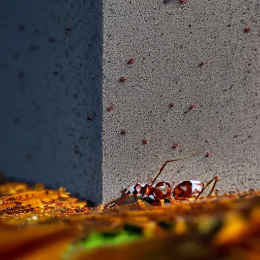 Prompt: many ants eating white candy bar, intricate detail, sharp focus, photorealism, soft diffuse autumn lights, some sunlight ray, dark room wall, canon 5 d 5 0 mm lens