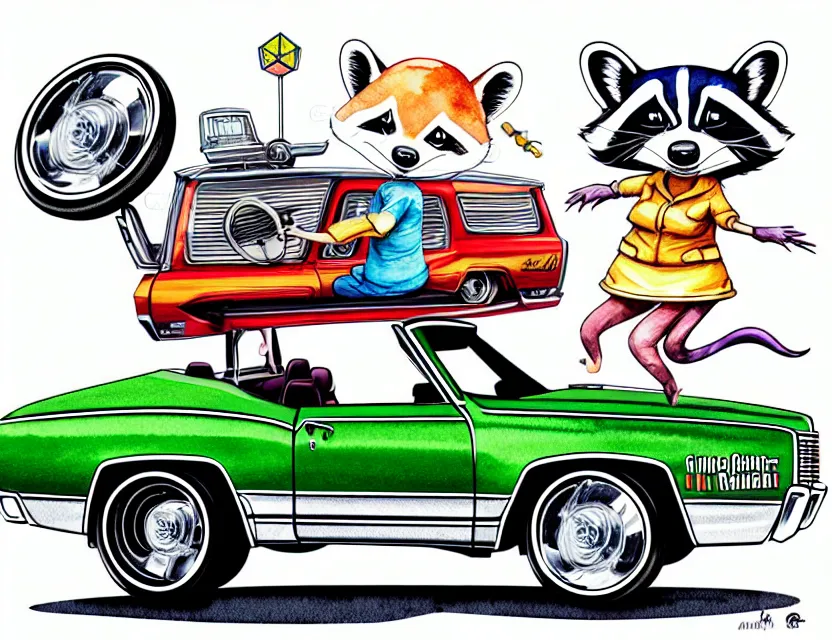 Image similar to cute and funny, racoon riding in a 1 9 6 9 chevrolet impala convertible, ratfink style by ed roth, centered award winning watercolor pen illustration, isometric illustration by chihiro iwasaki, edited by range murata, tiny details by artgerm and watercolor girl, symmetrically isometrically centered
