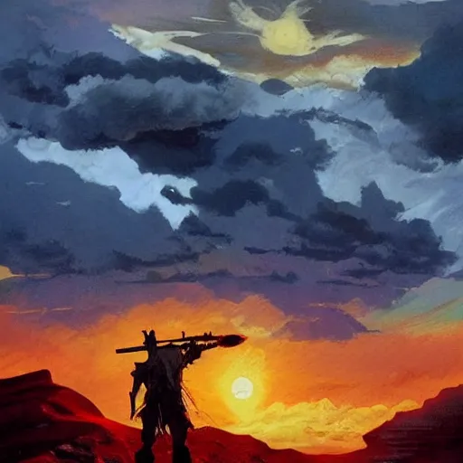 Prompt: dramatic sunset and dramatic sky , lone man in the middle of the sun , painting by frazetta, telephoto perspective, postapocalyptic panorama.asthetics !