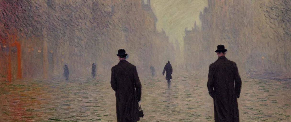 Prompt: a single!!!!!!! drunk and depressed film noir detective in a trench-coat, walking along a street; a painting by Claude Monet