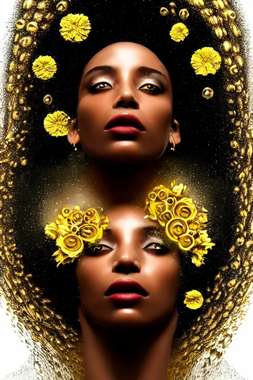 Image similar to hyperrealistic post - futurist cinematic very expressive! profile black oshun goddess, in water!! up to shoulders, mirror dripping droplet!, gold flowers, highly detailed face, digital art masterpiece, smooth eric zener cam de leon, dynamic pearlescent turquoise light, low angle uhd 8 k, sharp focus