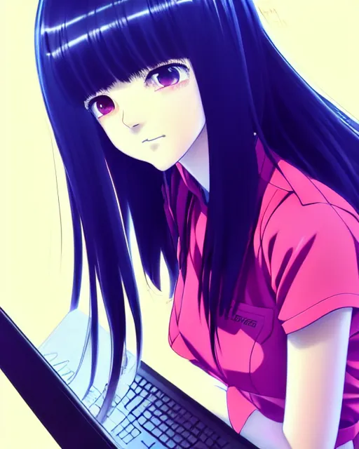 Image similar to portrait anime as devops girl sitting laptop server room cute fine face, pretty face, realistic shaded perfect face, fine details. anime. realistic shaded lighting by ilya kuvshinov katsuhiro otomo ghost in the shell, magali villeneuve, artgerm, rutkowski, wlop jeremy lipkin and giuseppe dangelico pino and michael garmash and rob rey