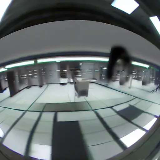 Prompt: cctv fisheye footage of a hooded shadowy figure in a laboratory with eyes staring at the camera