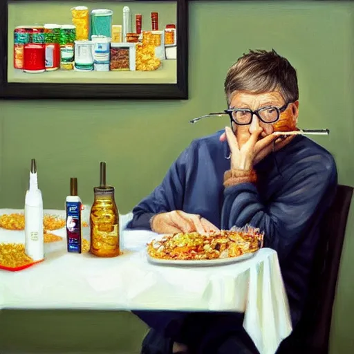 Prompt: an hyper realistic oil painting of Bill Gates eating pharmaceutical products, sitting at a table with a plate full of syringes and pills, looking very sad, trending on artstation,