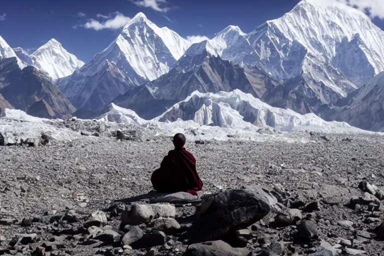 Image similar to cinematography a monk meditating in front of Mount Everest by Emmanuel Lubezki