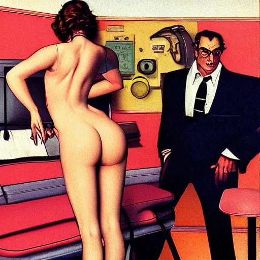 Image similar to Leisure suit Larry, 1993, by Norman Rockwell and Edward Hopper. film noir