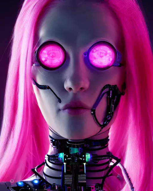 Image similar to portrait of a beautiful american woman with pink hair as a cyberpunk cyborg half robot, revealing wires and electronics, sci - fi, missing panels, intricate abstract upper body intricate artwork, concept art, octane render, deviantart, cinematic, key art, hyperrealism, iridescent accents, portrait photograph, nikon 3 5 mm, photograph by greg rutkowski