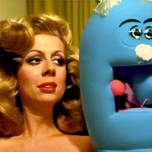 Image similar to bored housewife meets a confused inflatable toy in a seedy motel room, 1978 color Fellini film, ugly motel room with dirty walls and old furniture, archival footage, technicolor film, 16mm, live action, John Waters, campy and colorful