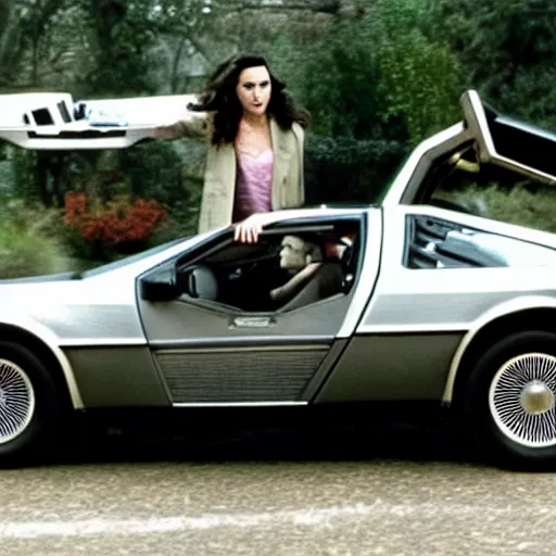 Prompt: gal gadot is driving the delorean from back to the future, realistic, cinematic scene