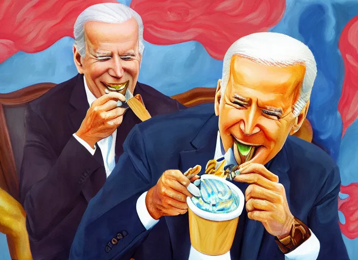 Image similar to oil painting of joe biden eating an ice cream with the whitehouse on fire behind him beautiful artwork by rutowski, realistic, 4 k, masterpiece