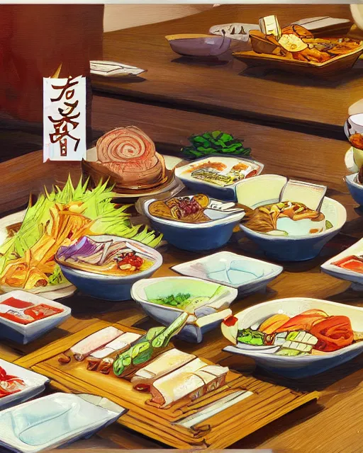 Prompt: a painting of a table full of japanese foods, concept art by taro yamamoto, pixiv contest winner, auto - destructive art, official art, concept art, pixiv