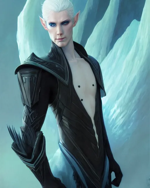 Image similar to character portrait of a slender young half elven man with white hair, piercing turquoise blue eyes, and pale blue skin, wearing sleek pearlescent black armor, by greg rutkowski and mark brookes and jim burns and tom bagshaw and magali villeneuve, trending on artstation