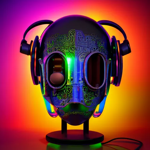 Image similar to a glossy claymodel of a steampunk aztec futurism robot head with glowing headphones, 8 k, symetrical, flourescent colors, halluzinogenic, multicolored, very detailed, black background, 3 d render,