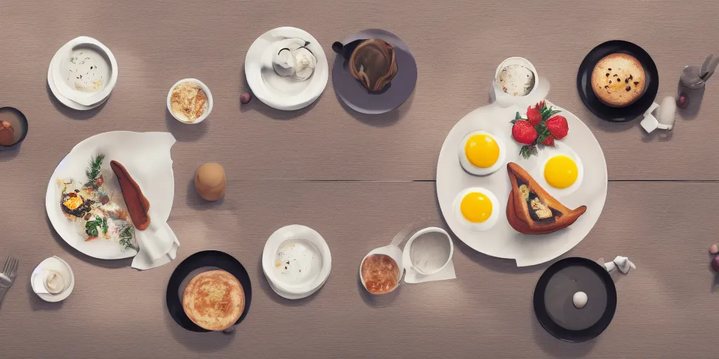 Prompt: a table with a delicious breakfast, morning light, 3d render, octane render, 8k