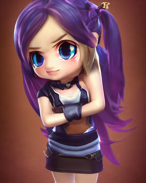 Prompt: katelynn mini cute style, highly detailed, rendered, ray - tracing, cgi animated, 3 d demo reel avatar, style of maple story, maple story gun girl, katelynn from league of legends chibi, perfect eyes, realistic human eyes
