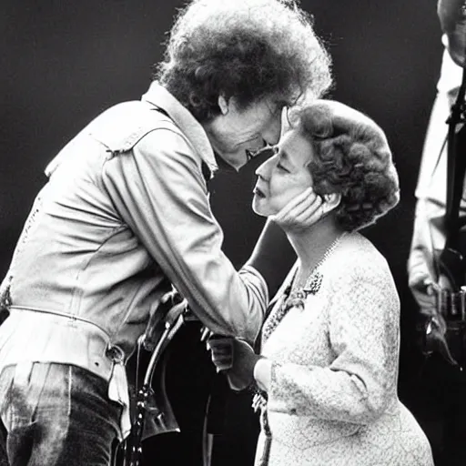 Image similar to bob dylan kissing queen elizabeth, photograph, high detail