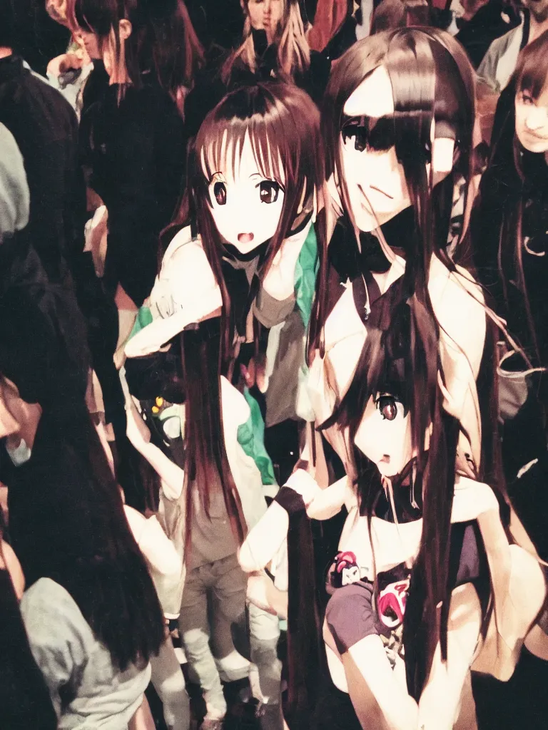 Prompt: grainy cheap disposable camera footage of an anime girl spotted at a party in real life, off center, at an angle, found footage, photorealistic, creepy uncanny valley, vignette, polaroid