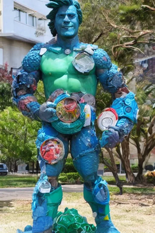 Prompt: a statue of Captain Planet made entirely out of plastic waste and recyclables