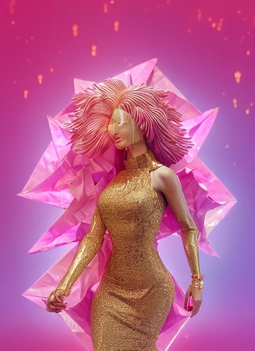 Image similar to full body image of a stunning beautiful anthropomorphic lionness woman made out of ceramic gold diamonds wearing a flowing pink colored paper dress, a futuristic subway stop made out of origami, origami orchids, heavenly light, 3 d, very detailed, octane render, trending artstation, artgem