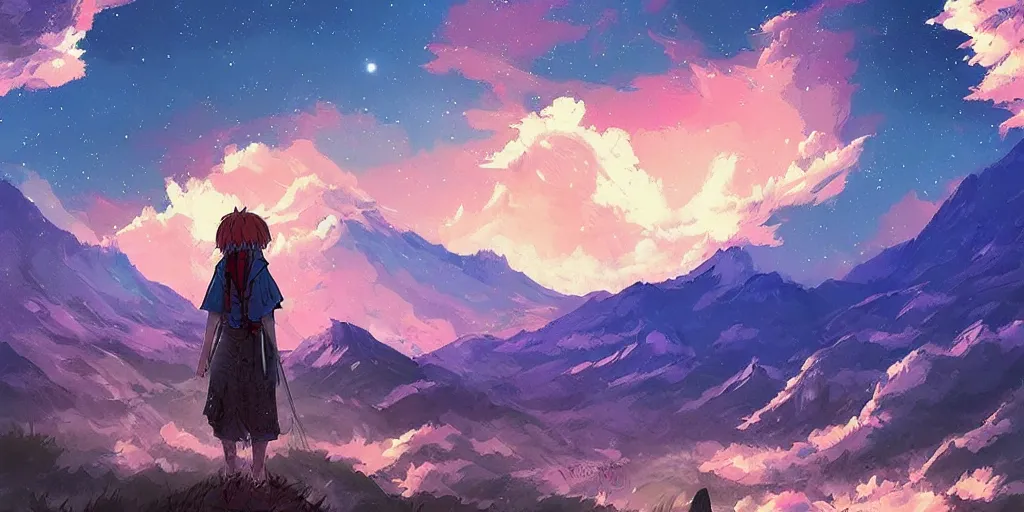 Image similar to mononoke, mountain landscape, night sky, digital art, digital painting, celestial, majestic, playful, colorful