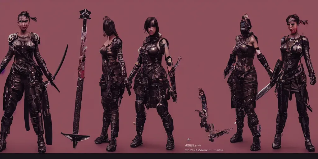 Prompt: cyberpunk female warriors, sword, katana, character sheet, concept design, contrast, hot toys, kim jung gi, greg rutkowski, zabrocki, karlkka, jayison devadas, trending on artstation, 8 k, ultra wide angle, pincushion lens effect