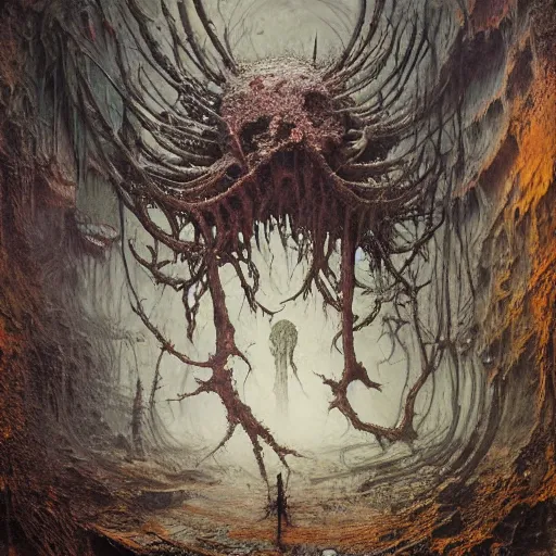 Image similar to an epic horrifying fantastic hyperdetailed 3 d matte painting photo taken with nikon d 7 5 0 an of a decaying eldritch creature partially covered with grafitti art by moebius by zdzisław beksinski by jakub rozalski by nekro