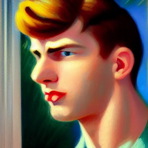 Prompt: A beautiful close-up of a young man, his hairstyle a side fringe, dressed like in the 1940s, digital art by Edward Hopper, vibrant color scheme, highly detailed, in the style of romanticism, fine Art, high detail, great lighting, 8k resolution, masterpiece, concept art, illustration, clear eyes, soft lighting, soft details, painting oil on canvas, octane render, HDR, trending on artstation, 4k, 8k, HD