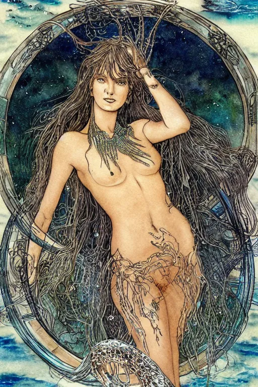 Prompt: mermaid with dark skin and long flowing hair face closeup surrounded circular frame of fish, art by luis royo and walter crane and kay nielsen, watercolor illustration, ultra sharp focus