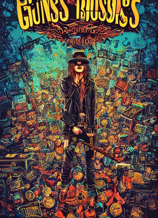 Prompt: a photorealistic dramatic hyperrealistic stylish graphic color poster illustration of guns n'roses live in bangkok by joe fenton, dan mumford, color concert poster art design, beautiful dynamic dramatic dark moody lighting, shadows, cinematic atmosphere, octane render, 8 k