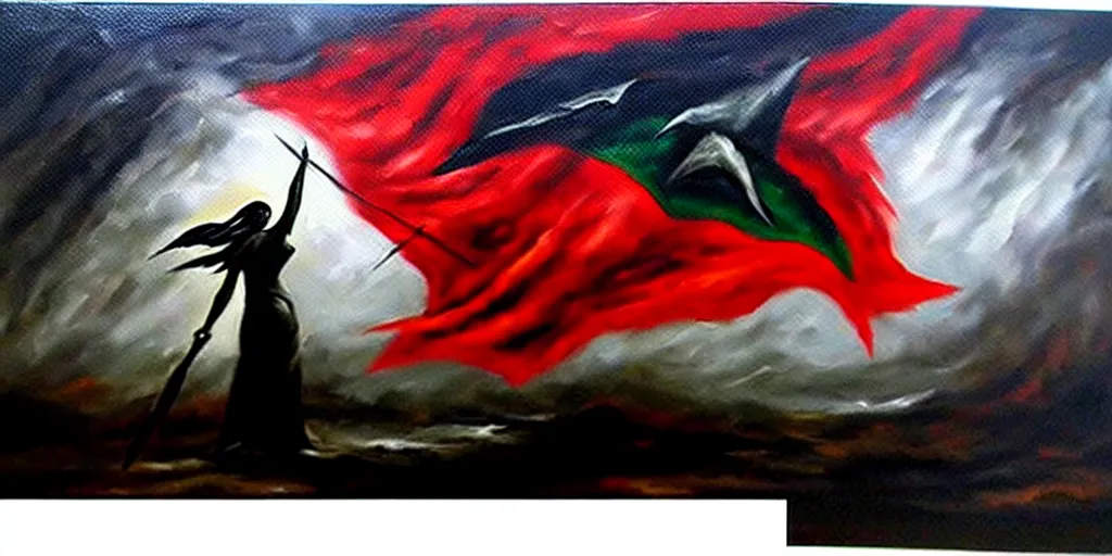 Image similar to dramatic epic dark oil painting of freedom for palestine, red green white black